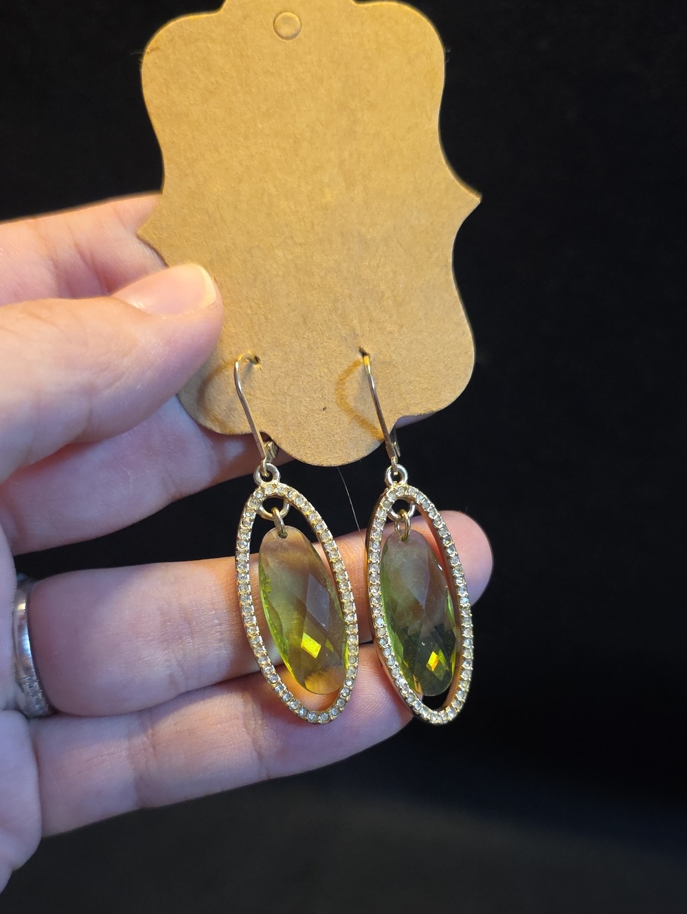 Gold-Tone Oval Crystal Drop Earrings in Olive Green